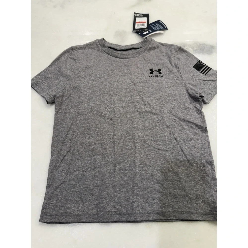 Under Armour Freedom Flag TShirt Boys YXS Gray Graphic Short Sleeve Tactical Tee
